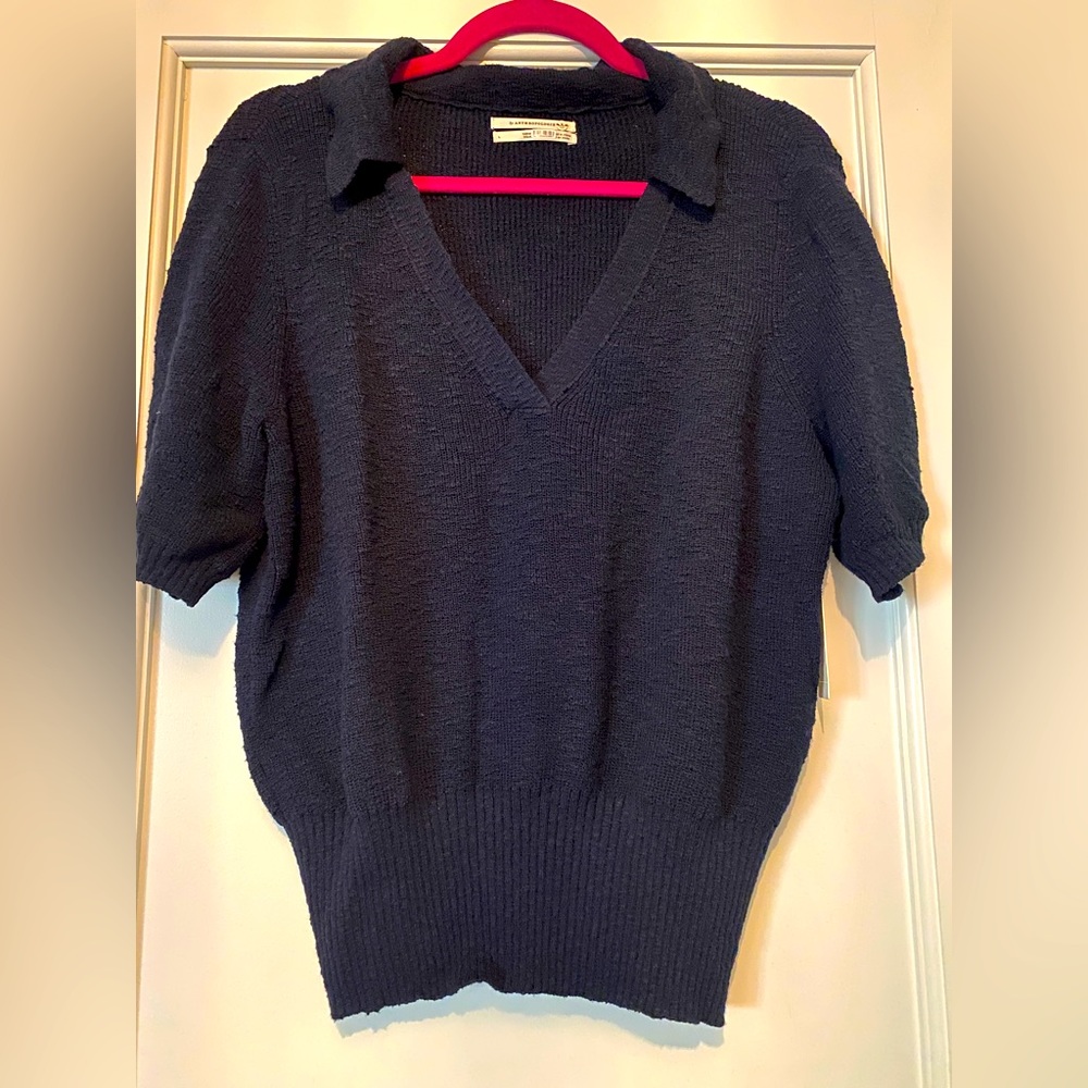 NWT ANTHROPOLOGIE NAVY BLUE SHORT SLEEVED KNIT COLLARED SWEATER TOP